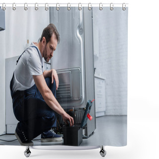 Personality  Repairman In Working Overall Near Taking Tools From Toolbox Broken Refrigerator In Kitchen Shower Curtains