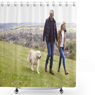 Personality  Couple Taking Golden Retriever For Walk Shower Curtains