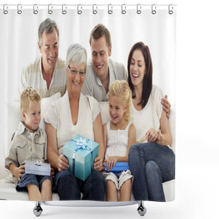 Personality  Family Giving A Gift To Grandmother Shower Curtains