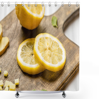 Personality  Close Up View Of Chopped Ginger Root, Sliced Lemon And Mint On Wooden Cutting Board On White Background Shower Curtains