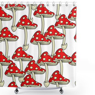 Personality  Seamless Pattern Of Mushrooms On A Thin Leg With A Bright Red Cap, Amanita On A White Background For Design Illustration Shower Curtains
