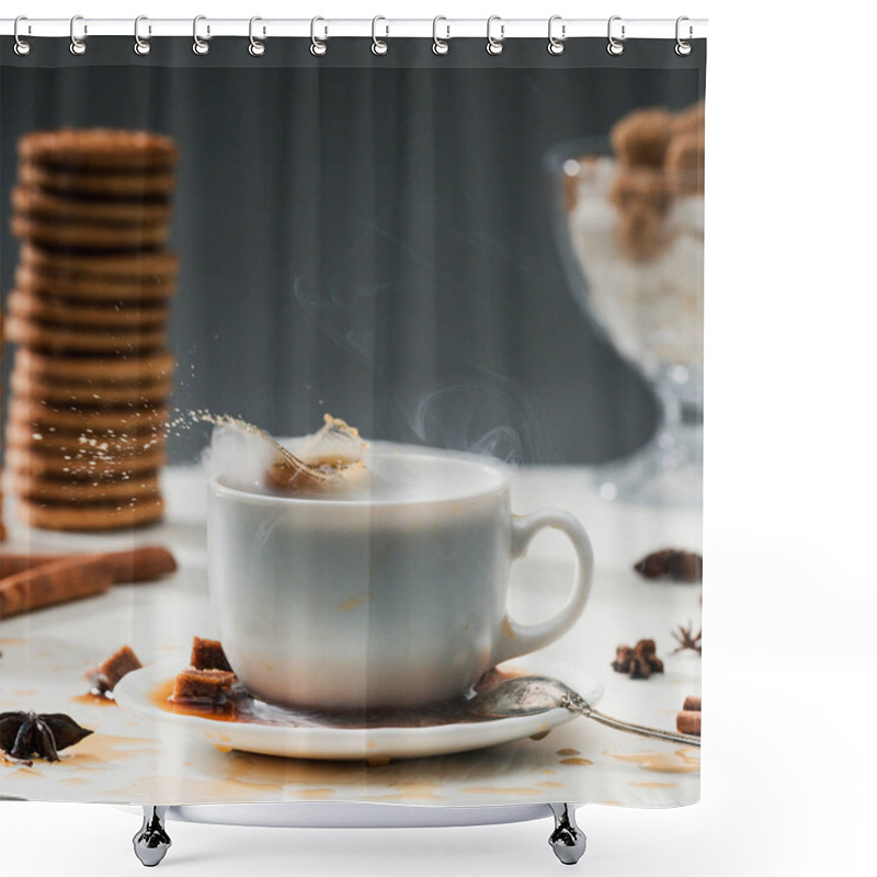 Personality  Brown Sugar Cubes Splashing Into Coffee Cup On Table With Cookies And Spices Shower Curtains