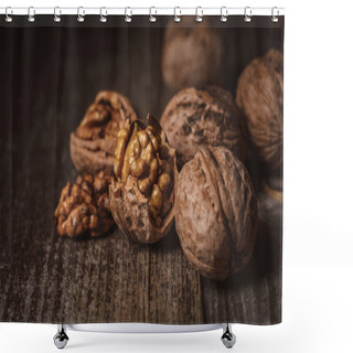 Personality  Close Up View Of Shelled And Whole Walnuts On Wooden Tabletop Shower Curtains