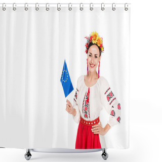 Personality  Happy Brunette Young Woman In National Ukrainian Costume Holding European Flag Isolated On White Shower Curtains
