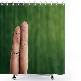 Personality  Cropped View Of Happy Couple Of Fingers Hugging On Green Shower Curtains
