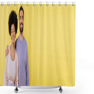 Personality  Joyful Bearded Man Embracing Shoulders Of African American Woman Isolated On Yellow, Banner Shower Curtains