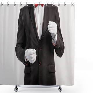 Personality  Cropped View Of Magician In Suit And Hat Holding Wand, Isolated On Grey Shower Curtains