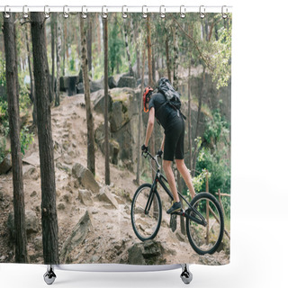 Personality  Side View Of Male Extreme Cyclist In Protective Helmet Riding On Mountain Bicycle In Forest Shower Curtains