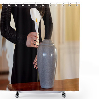 Personality  Woman With Cremation Urn At Funeral In Church Shower Curtains