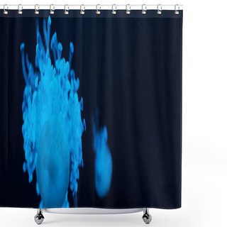 Personality  Cassiopea Jellyfishes In Blue Neon Light On Dark Background, Panoramic Shot Shower Curtains