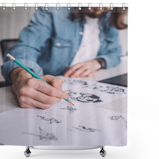 Personality  Cropped View Of Illustrator Drawing Cartoon Sketches On Paper  Shower Curtains