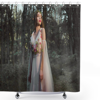 Personality  Attractive Mystic Girl With Elf Ears Posing In Flower Dress In Forest Shower Curtains