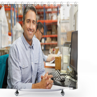 Personality  Businessman Working At Desk In Warehouse Shower Curtains