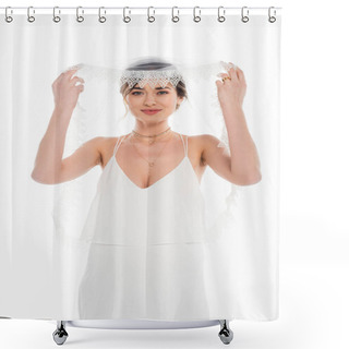 Personality  Smiling, Pregnant Fiancee Raising Veil And Looking At Camera Isolated On White Shower Curtains