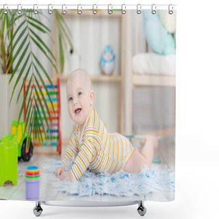 Personality  Baby Boy Among The Toys In The Children's Room, Cute Funny Smiling Little Baby Playing On The Floor, The Concept Of Children's Development And Games Shower Curtains