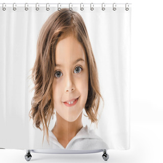 Personality  Portrait Of Cute Child In White Bathrobe Isolated On White Shower Curtains