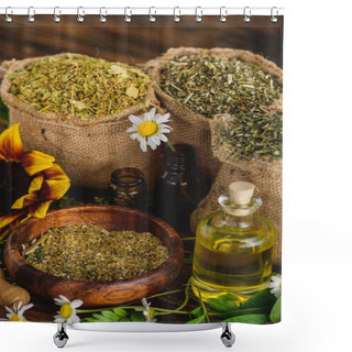 Personality  Sackcloth Bags With Dried Herbs, Bottles With Essential Oils And Chamomile Flowers On Wooden Surface Shower Curtains