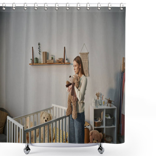 Personality  Helpless And Upset Woman With Soft Toy Standing Near Crib With In Bleak Nursery Room At Home Shower Curtains