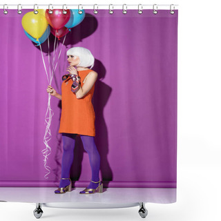 Personality  Full Length View Of Girl In White Wig Holding Air Balloons On Purple Background Shower Curtains