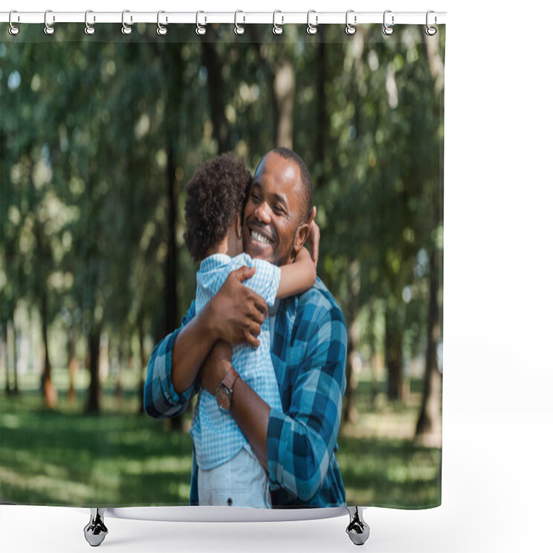 Personality  happy african american father with closed eyes hugging curly son  shower curtains