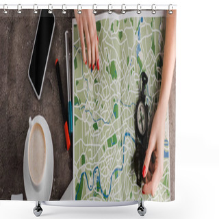 Personality  Panoramic Shot Of Woman Near Map, Compass, Cup With Coffee And Gadgets  Shower Curtains