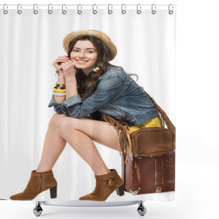 Personality  Smiling Hippie Girl In Boater Sitting On Suitcase Isolated On White Shower Curtains