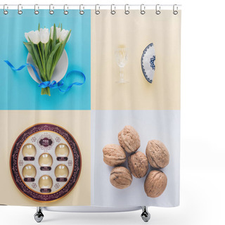 Personality  Top View Of Tulips, Traditional Jewish Plate And Walnuts, Passover Haggadah Concept Shower Curtains