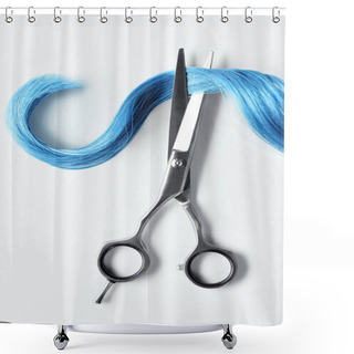 Personality  Top View Of Curl Of Blue Hair And Scissors On White Background Shower Curtains