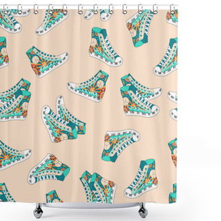 Personality  Seamless Pattern With Colorful Hippie Hight Sneakers In Zentangle Style. Shower Curtains