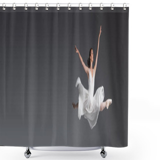 Personality  Full Length Of Graceful Woman In White Dress Jumping Isolated On Grey, Banner Shower Curtains
