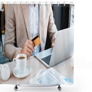 Personality  Cropped View Of Businessman With Credit Card And Laptop In Cafe Shower Curtains