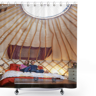 Personality  Couple Enjoying Luxury Camping Holiday In Yurt Shower Curtains