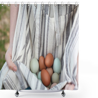 Personality  Close Up Of A Woman's Hands, Holding Organic Colorful Eggs In Her Apron. Selective Focus With Extreme Shallow Depth Of Field And Blurred Background.  Shower Curtains