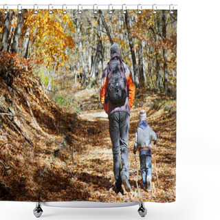 Personality  Father And Son Walking In Autumn Forest Shower Curtains