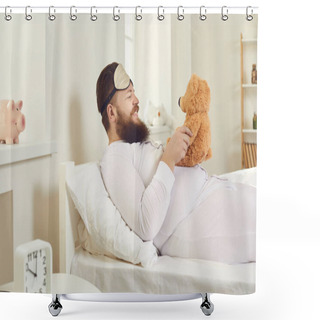 Personality  Cheerful Man In White Pajamas And A Sleeping Mask Woke Up And Behaves Like A Child. Shower Curtains