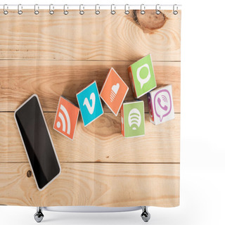 Personality  Top View Of Smartphone With Blank Screen And Website Icons On Wooden Background Shower Curtains