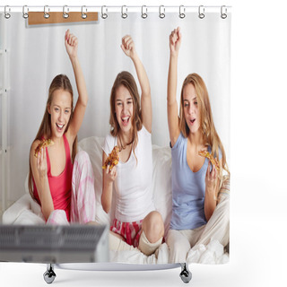 Personality  Happy Friends Or Teen Girls Eating Pizza At Home Shower Curtains
