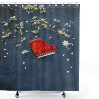Personality  Miniature Copie Of The Piano With Blossoming Cherry Tree Branches. Top View, Close-up On Classic Blue Background	 Shower Curtains