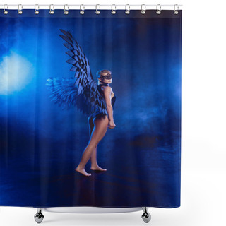 Personality  Beautiful Sexy Mysterious Woman In Lace Mask And Black Angel Wings Posing On Dark Blue Smoky Background Shower Curtains