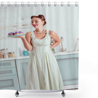 Personality  Stylish Pin Up Girl In Long Dress Holding Plate Full Of Homemade Cupcakes Shower Curtains