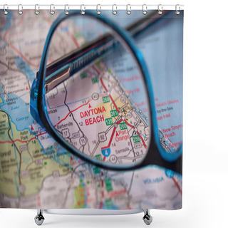 Personality  WOODBRIDGE, NEW JERSEY - July 13, 2020: A Map Of Florida Is Shown With A Focus On Daytona Beach Through A Pair Of Eyeglasses. Shower Curtains