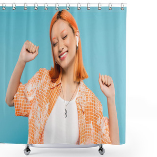 Personality  Happiness, Music Lover, Young Asian Woman With Colored Red Hair, In Trendy Orange Shirt And Wireless Earphone Gesturing With Closed Eyes On Blue Background, Generation Z Lifestyle, Summer Vibes Shower Curtains