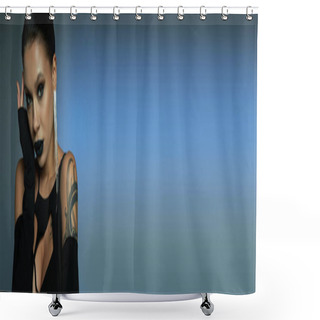 Personality  Magic Beauty, Tattooed Woman In Dark Makeup And Black Dress On Blue And Grey Backdrop, Banner Shower Curtains