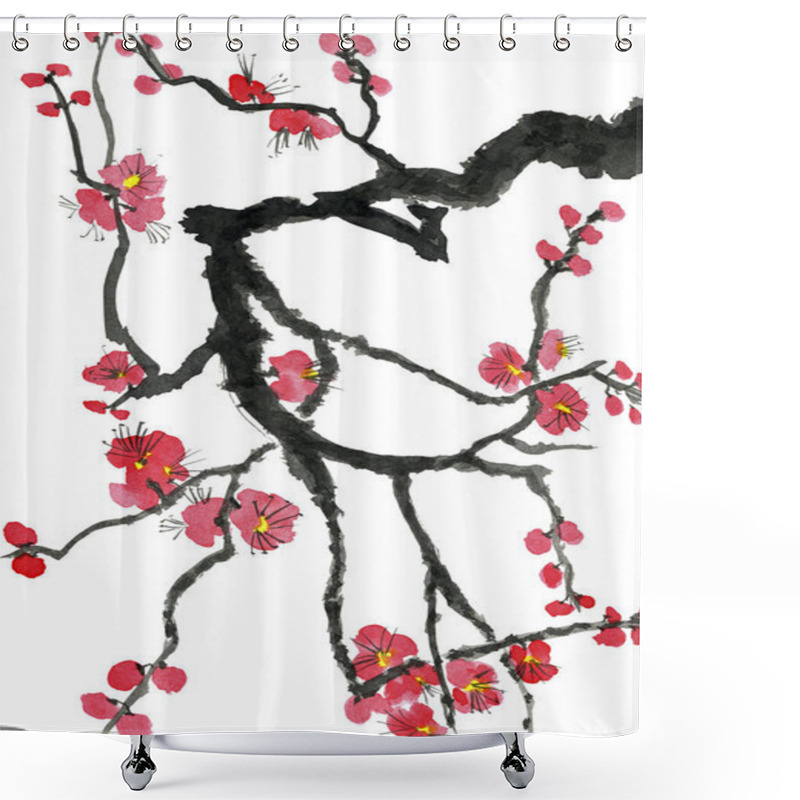 Personality  A Branch Of A Blossoming Tree. Pink And Red Stylized Flowers Of Plum Mei, Wild Apricots And Sakura . Watercolor And Ink Illustration In Style Sumi-e, U-sin. Oriental Traditional Painting.   Shower Curtains