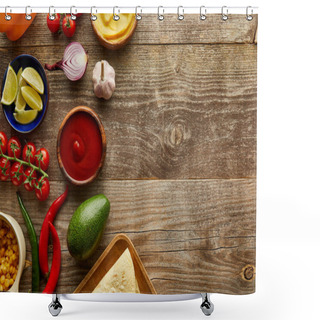 Personality  Top View Of Raw Ingredients For Taco On Wooden Background With Copy Space Shower Curtains