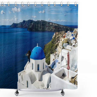 Personality  Blue-domed Church Near White Houses And Sea In Santorini  Shower Curtains