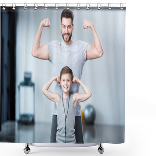 Personality  Boy With Young Man Showing Muscles  Shower Curtains