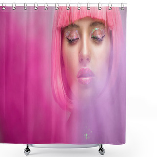 Personality  Attractive Woman With Pink Hair And Makeup With Glitter Standing In Pink Smoke With Closed Eyes Shower Curtains