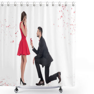 Personality  Side View Of Boyfriend Proposing Girlfriend And Standing On Knee Isolated On White, Valentines Day Concept Shower Curtains