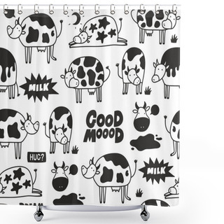 Personality  Black And White Cow Skin Seamless Patten With Doodle Animals. Vector Endless Illustration. Shower Curtains